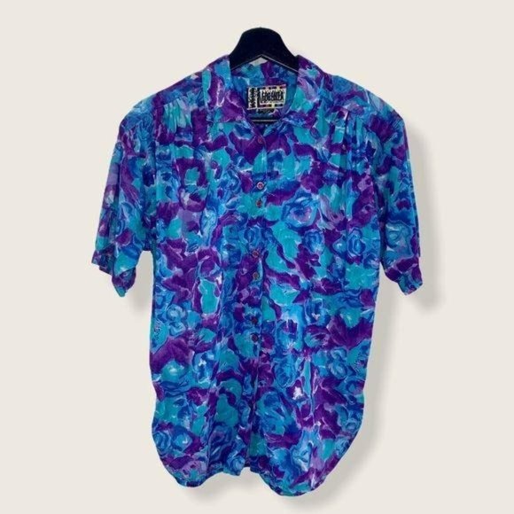 Vintage 90s Purple Blue Short Sleeve Floral Button Up Shirt Medium - Picture 1 of 12